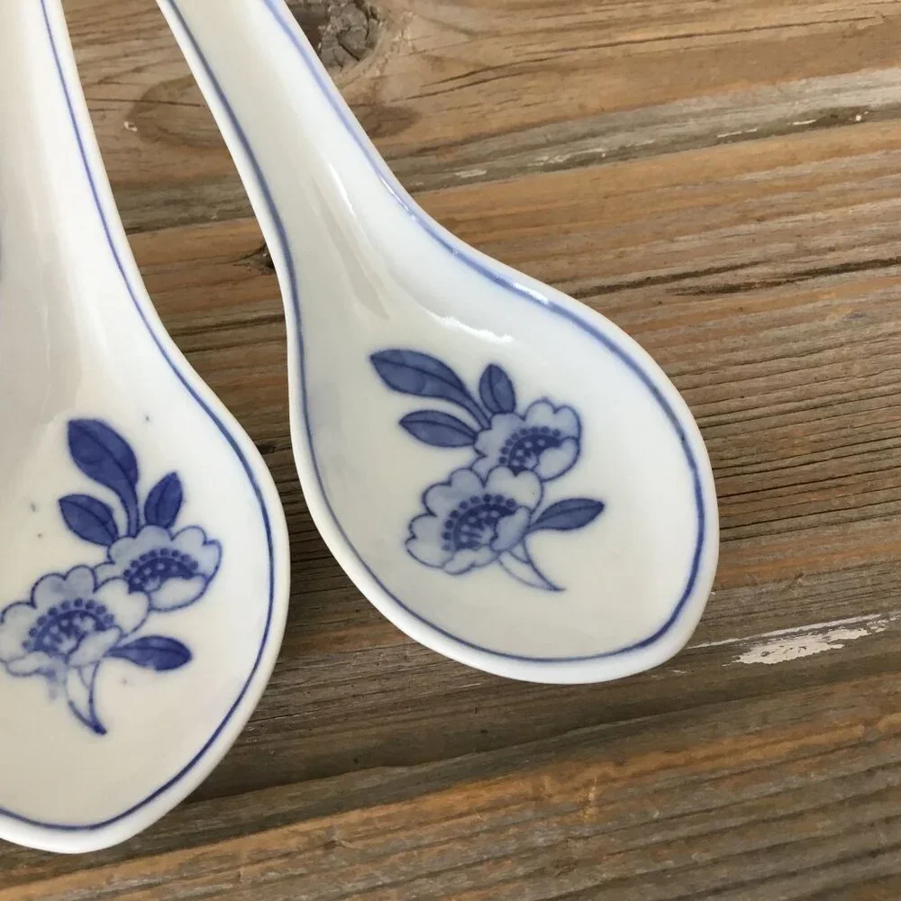 Set Of 3 Blue & White Porcelain Soup Spoons With Floral Design